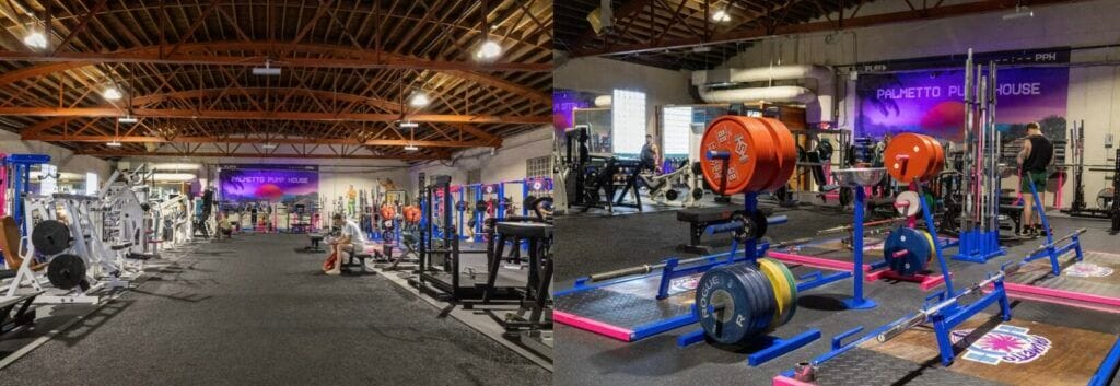 Palmetto Pump House powerlifting room - squat racks and barbells